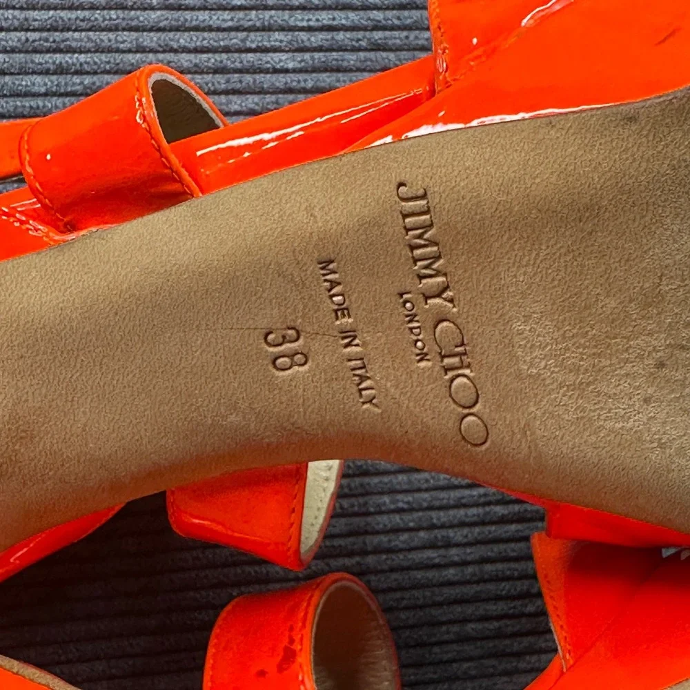 Jimmy Choo‎ Vamp Neon Orange Patent Leather Platform Sandals Stiletto Heels 38